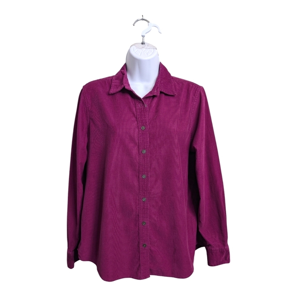 Land's End Women's Corduroy Fuchsia Button Down Shirt Long Sleeve Collared M